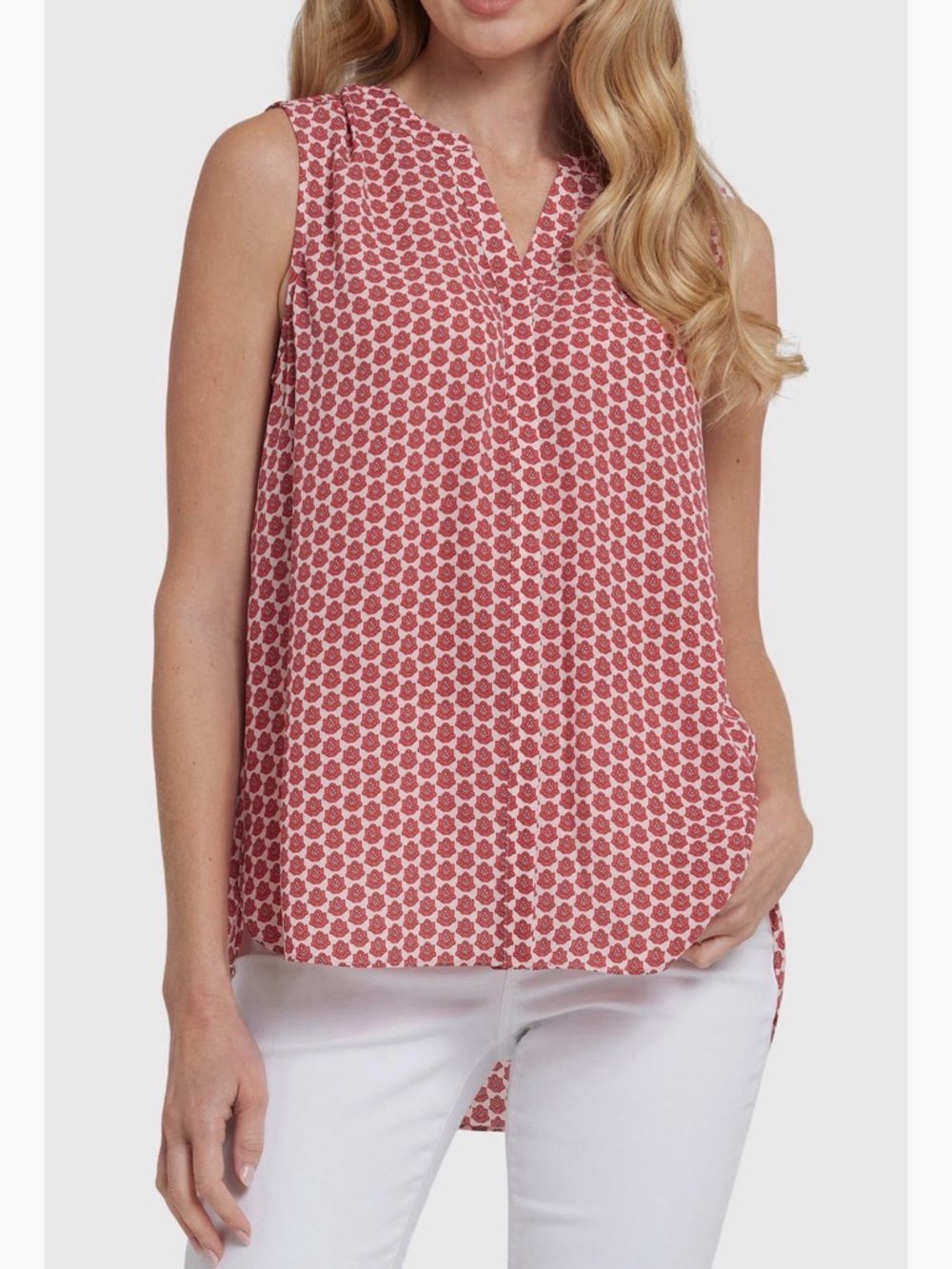 NYDJ Print Pleat Back Sleeveless Split Neck Blouse - Large